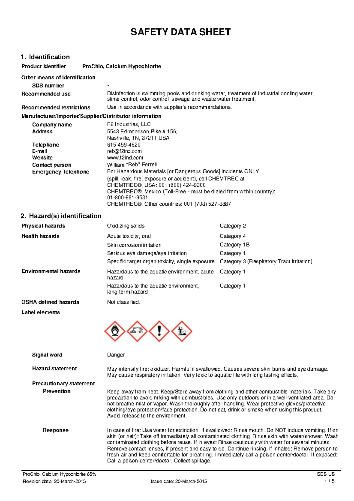 MSDSCalciumHypochlorite ProChlo, Calcium Hypochlorite 65 Revision