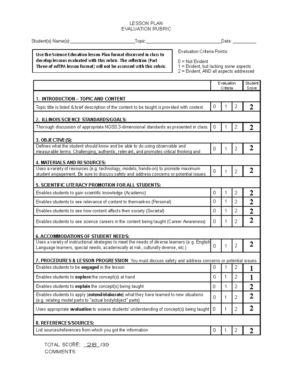 Science Lesson Plan Evaluation Rubric - LESSON PLAN EVALUATION RUBRIC ...