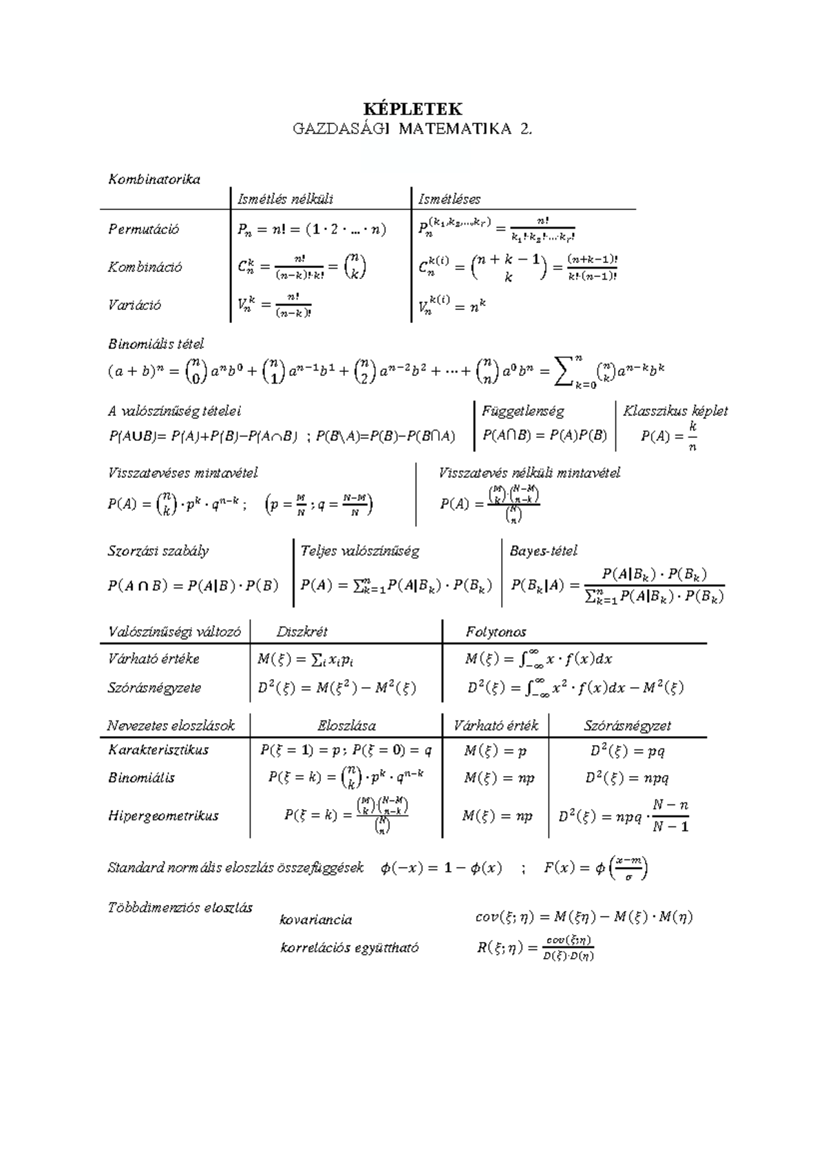 GM2 DE GTK képlet - KÉPLETEK GAZDASÁGI MATEMATIKA 2. 2019/20-2élév ...