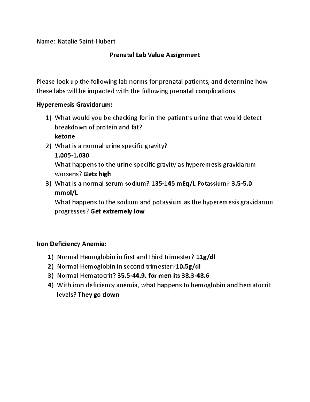 Prenatal Lab Assignment - Name: Natalie Saint-Hubert Prenatal Lab Value ...