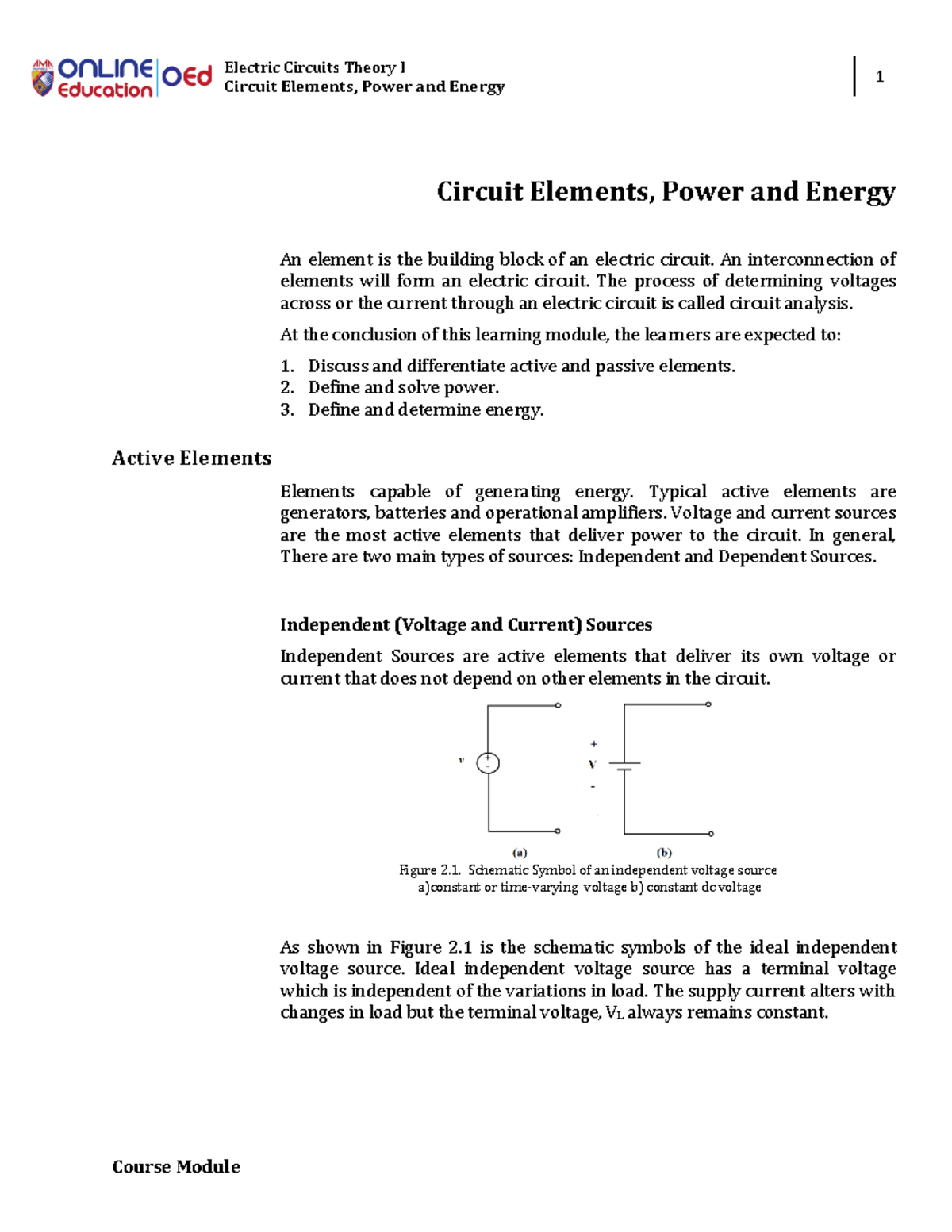 Week 2 Circuit Elements, Power and Energy Electric Circuits Theory