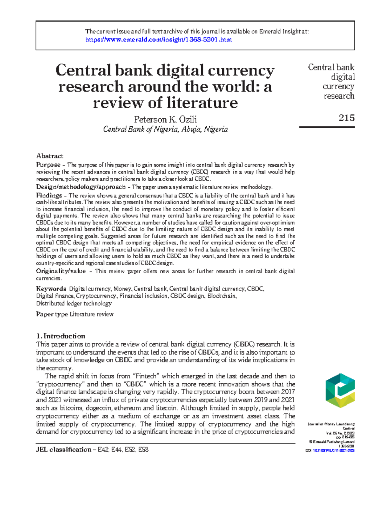 Central Bank Digital Currency Research A Review of Literature Studocu