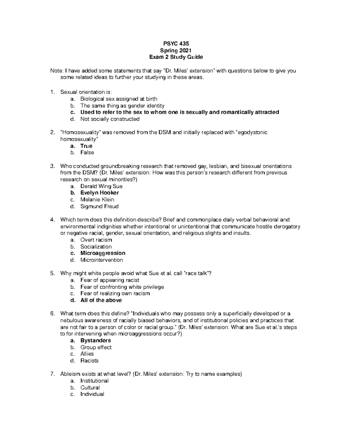 Exam 2 Study Guide Psyc 435 Spring 2021 Exam 2 Study Guide Note I