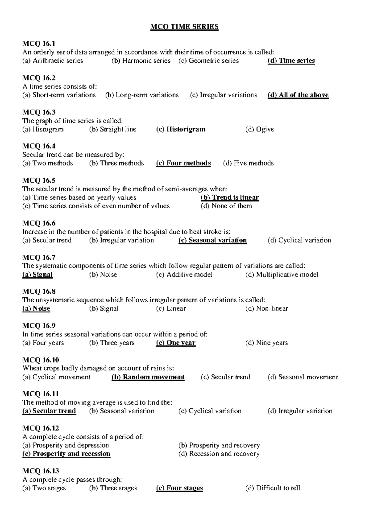 MCQ Time Series - MCQ TIME SERIES MCQ 16. An Orderly Set Of Data ...