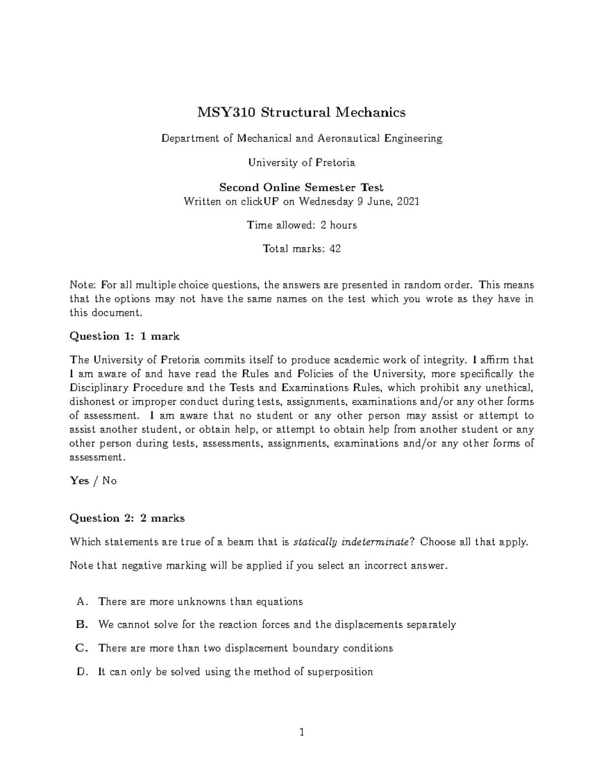Msy semester test 2 2021 - memorandum - MSY310 Structural Mechanics ...