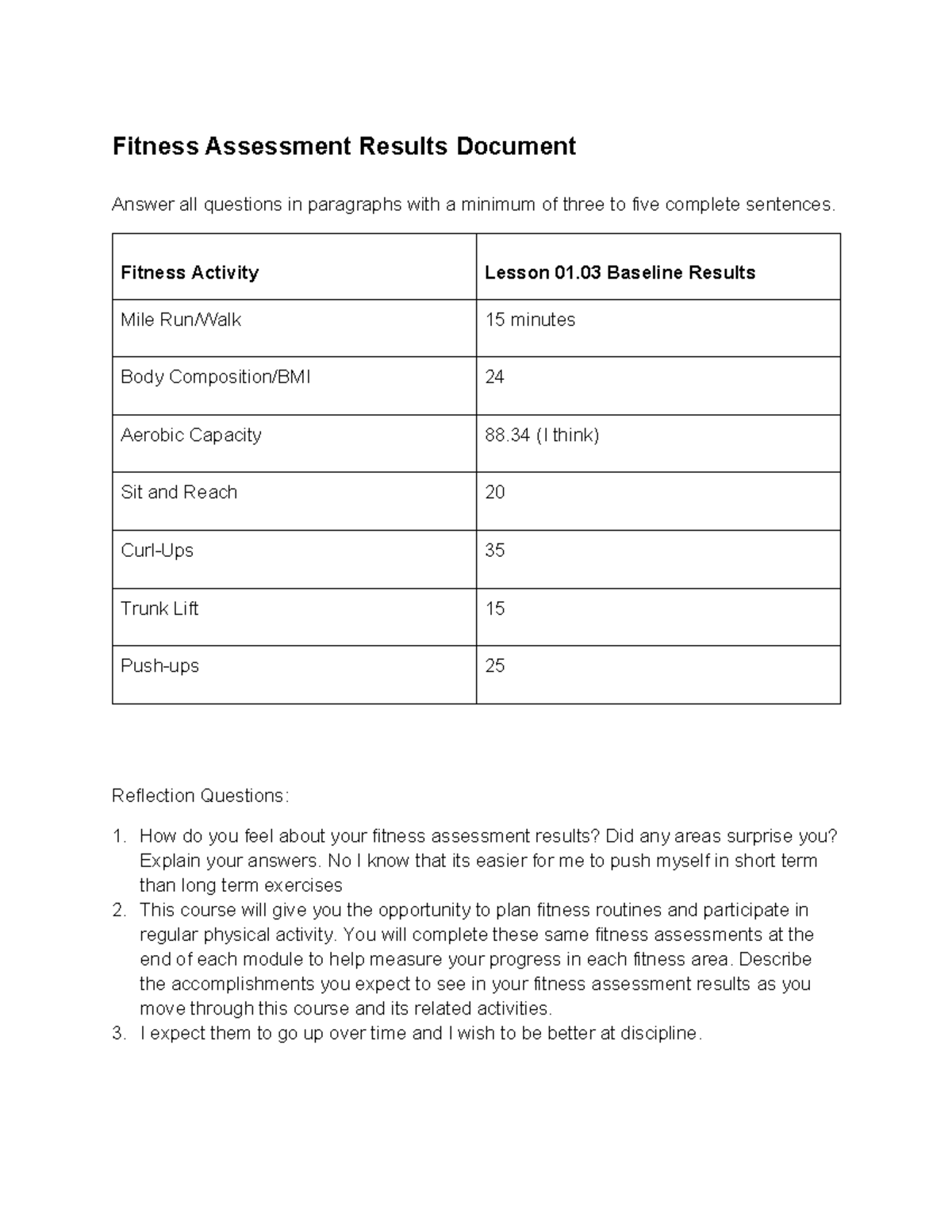 Hope fitness assessment results finished Fitness Assessment Results