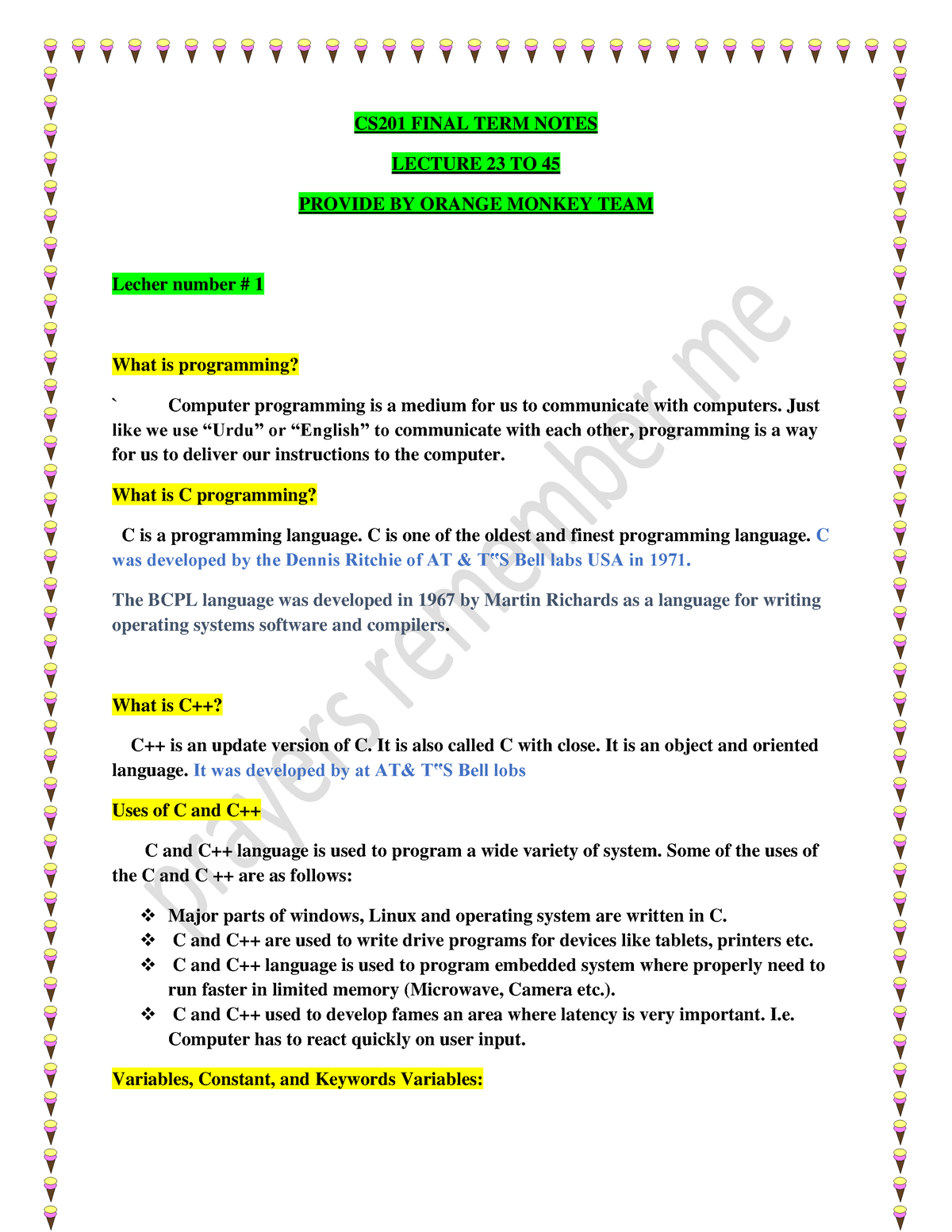 CS201 Lec 23 To 45 BY Orange Monkey-converted - CS201 FINAL TERM NOTES ...