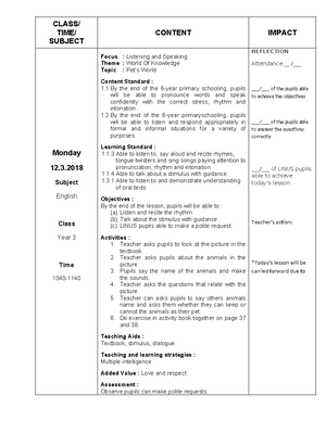 Update Y1 Lesson PLAN WEEK 11 - ENGLISH LESSON PLAN YEAR 1 CEFR Week 11 ...