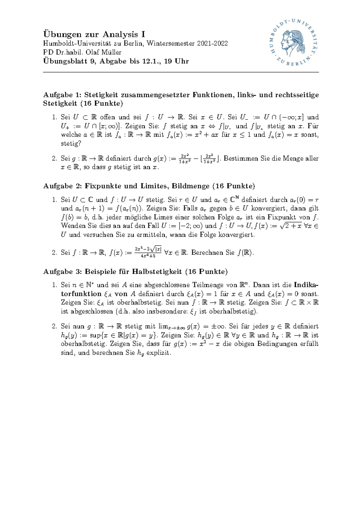 Analysis 1 Übungsblatt 9 - Ubungen Zur Analysis I ̈ Humboldt-Universit ...