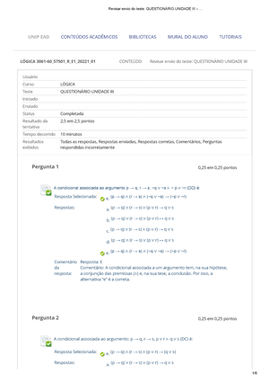 Questionário Unidade I – Lógica - LÓGICA 3061-60_55903_R_E1_20231 ...