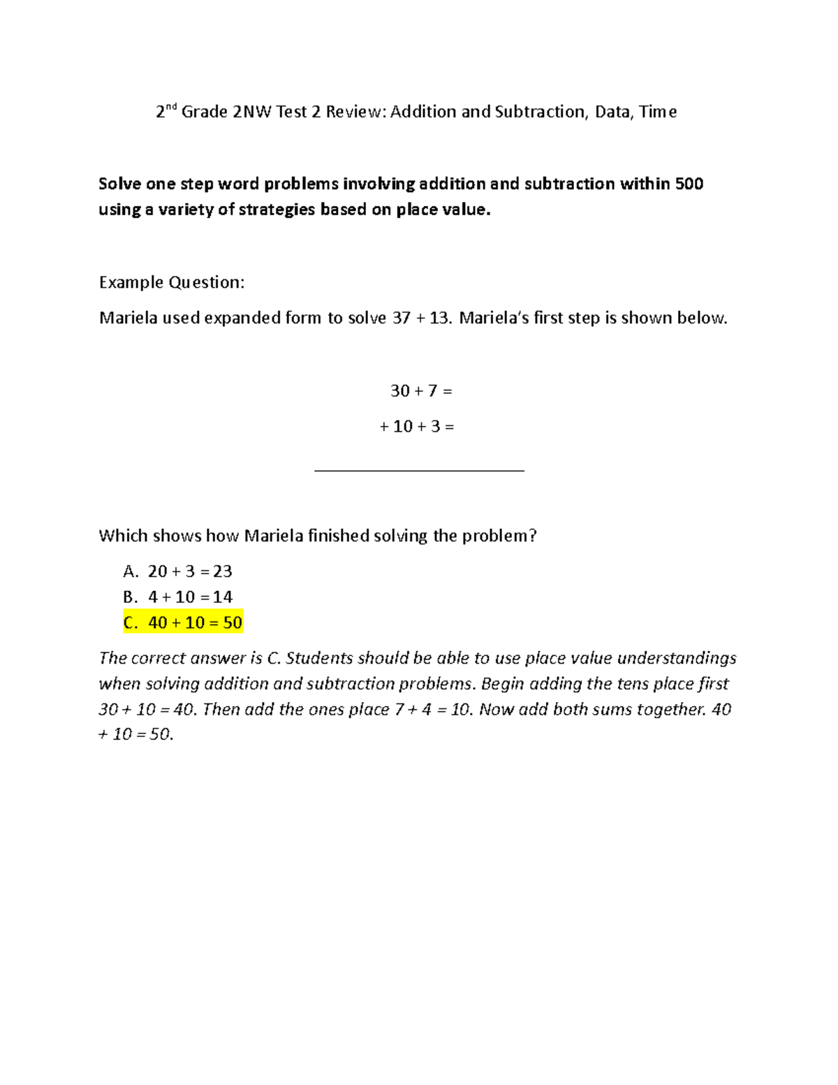 2NW Test 2 Review - nursing - 2 nd Grade 2NW Test 2 Review: Addition ...