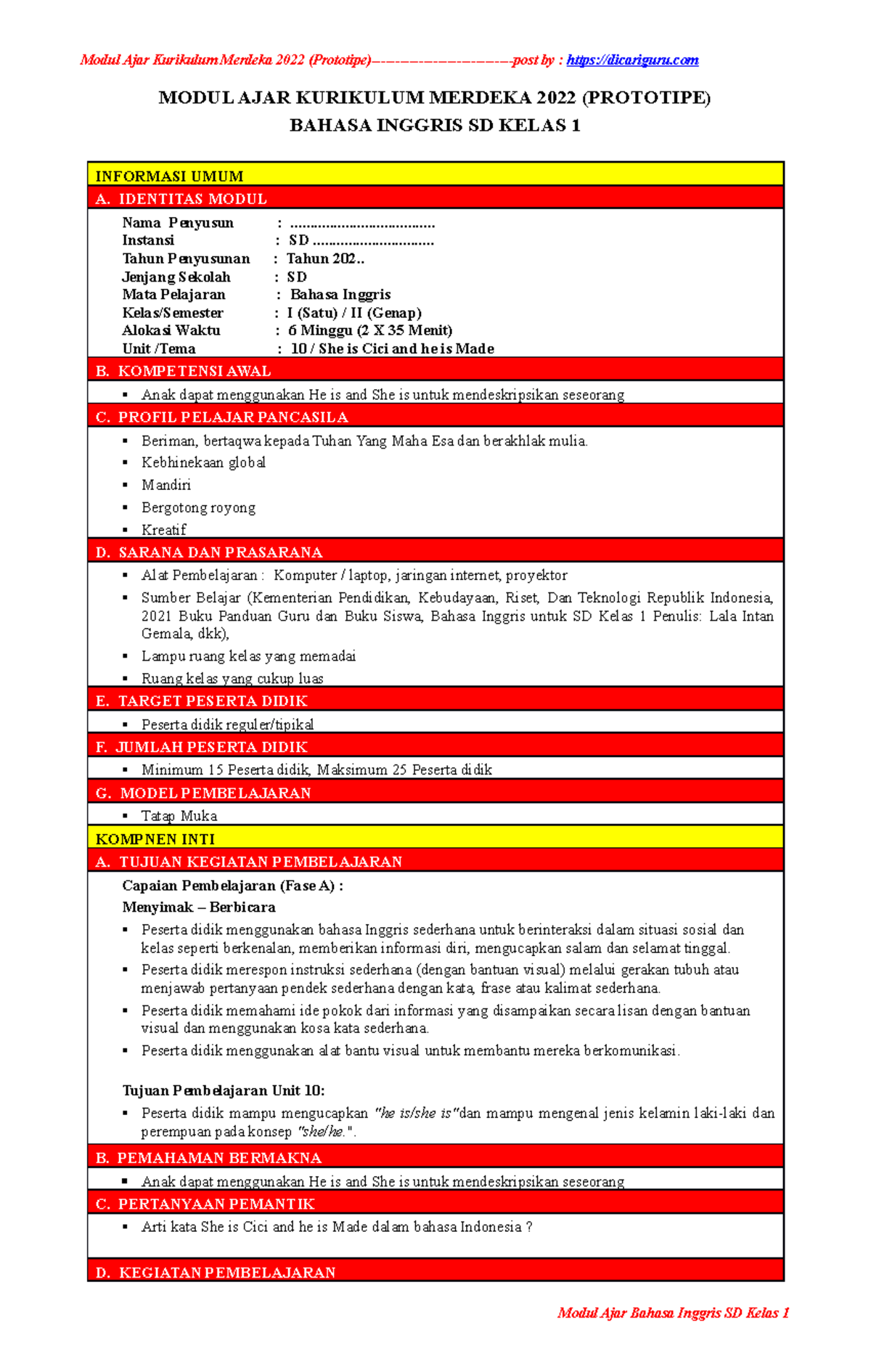 10. Modul Ajar B. Inggirs BAB 10 Kelas 1 ( Dicariguru - MODUL AJAR ...