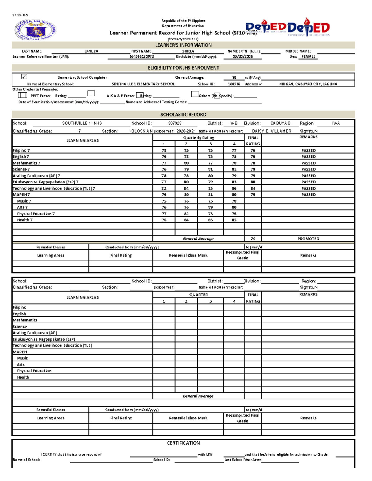 Lanuza - sf10 - SF 10 -JHS FIRST NAME: Learner Reference Number (LRN ...