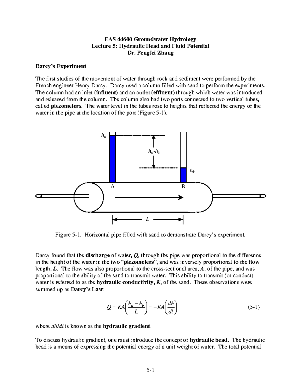 EAS446lec5 Lecture notes 5 EAS 44600 Groundwater Hydrology Lecture