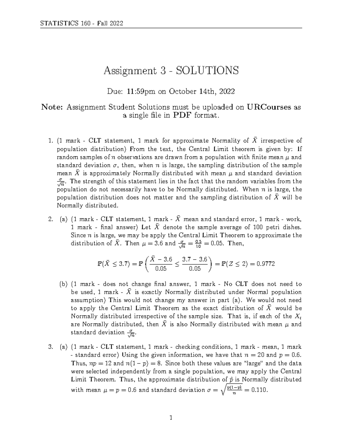 Assignment 3Solutions Stats 160 - STATISTICS 160 - Fall 2022 Assignment ...