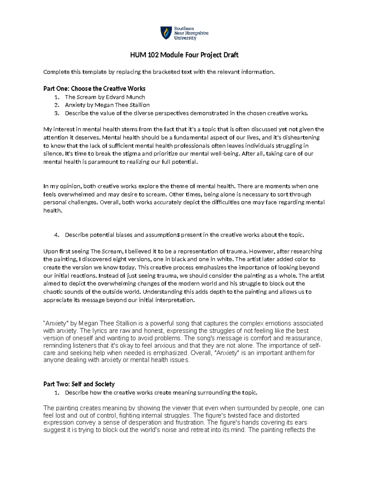 HUM 102 Module Four Project Draft Template - Part One: Choose the ...
