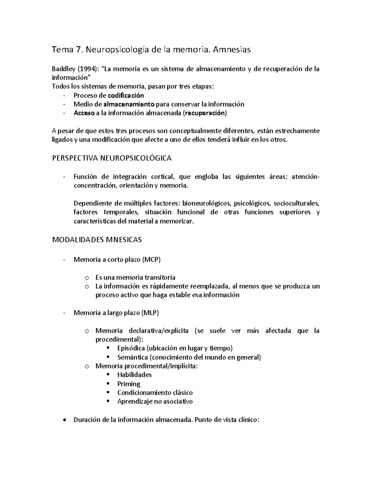 Tema 7 Apuntes Neuro 2021 2022 Tema 7 Neuropsicolog a De La