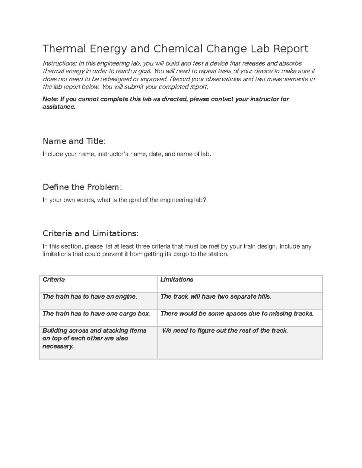 Engineering lab report Thermal Energy and Chemical Change Lab Report