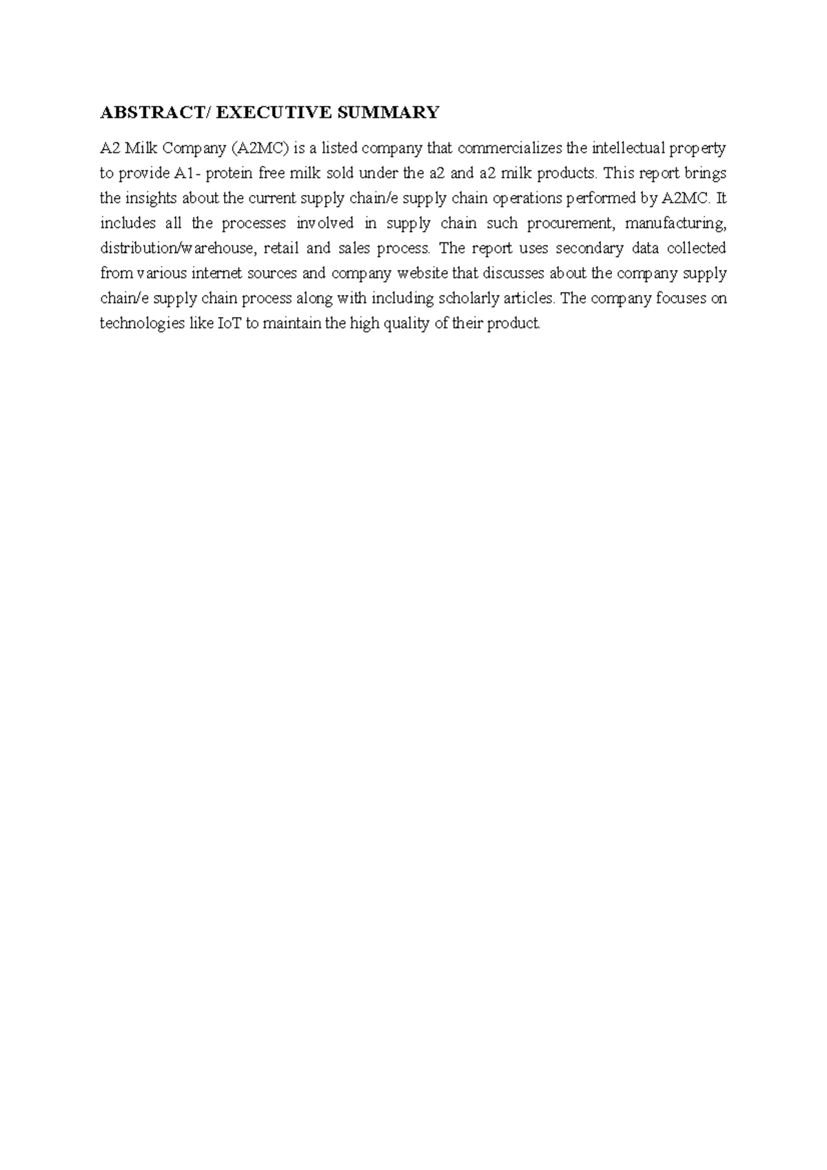 Business Report 1 - assignment 1 - ABSTRACT/ EXECUTIVE SUMMARY A2 Milk ...