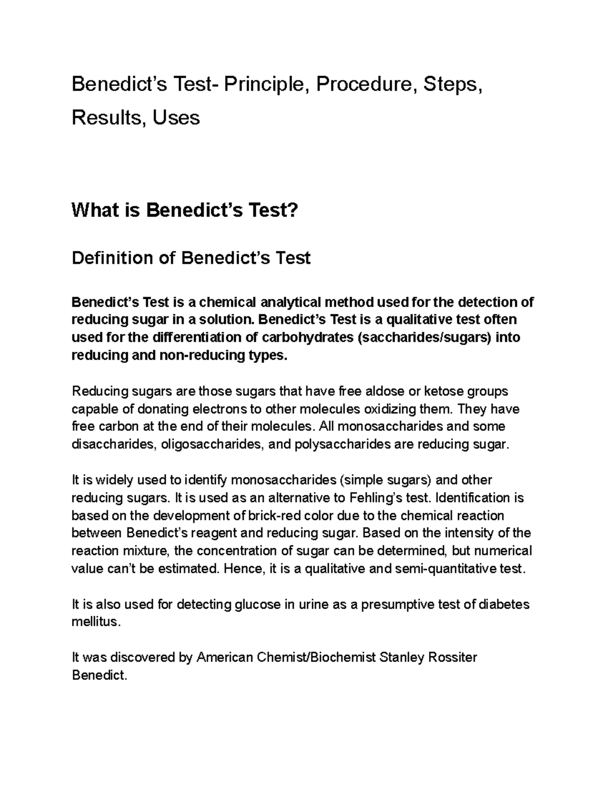 Benedicts Test Principle Procedure Steps Results Uses Benedict