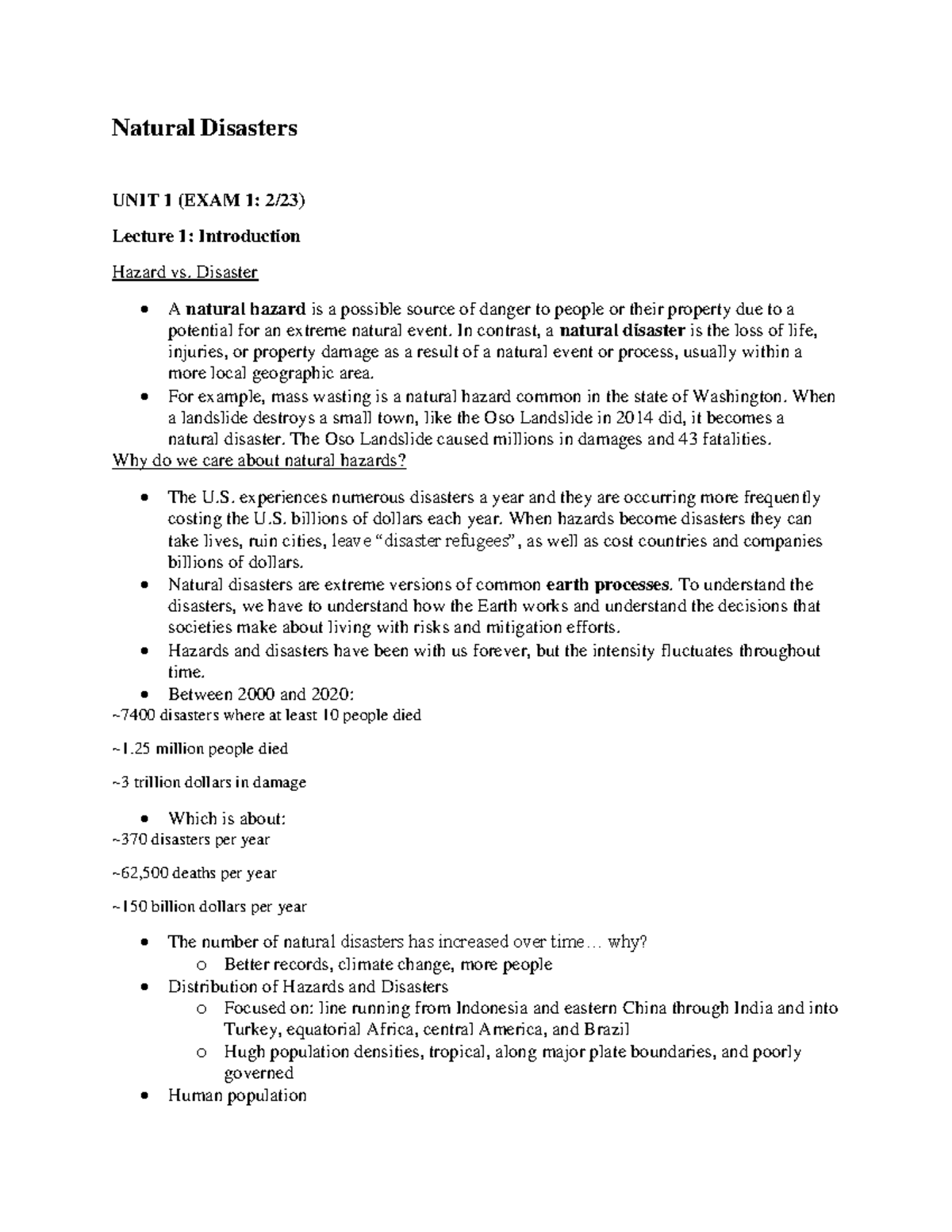 Natural Disatsters Unit 1 - Natural Disasters UNIT 1 (EXAM 1: 2/23 ...