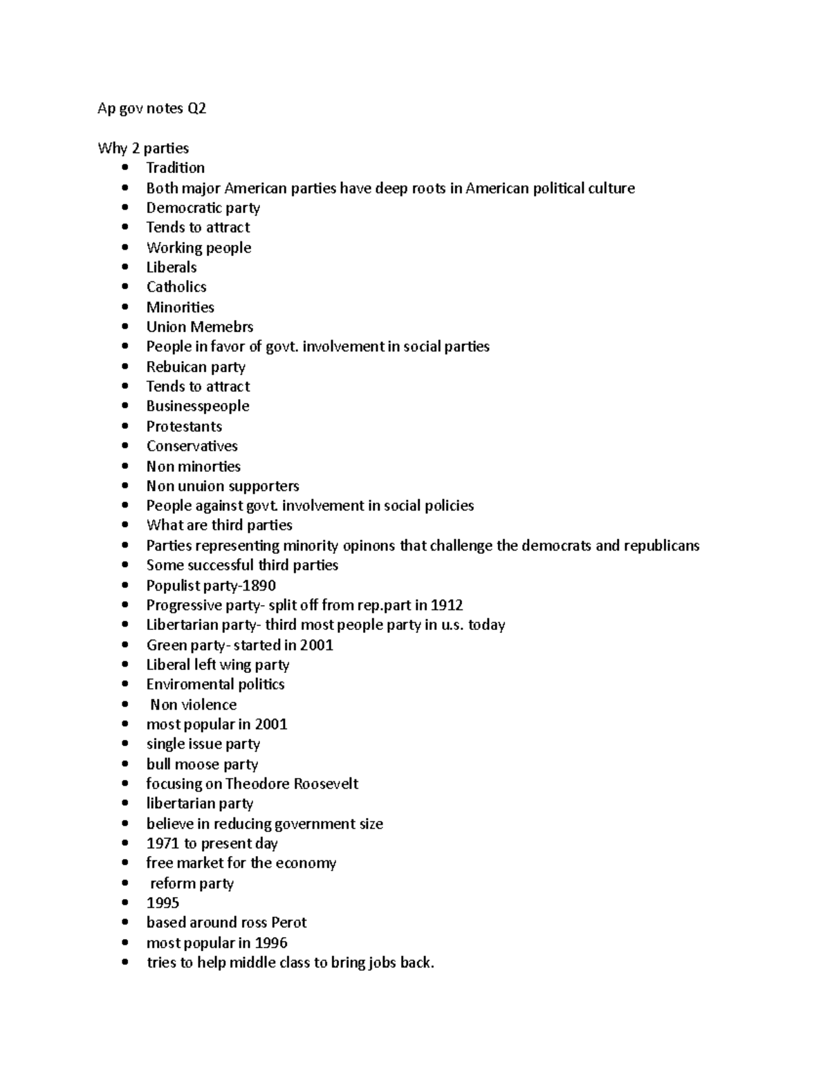 Ap Gov Notes Q2 - Ap Gov Notes Q Why 2 Parties Tradition Both Major ...