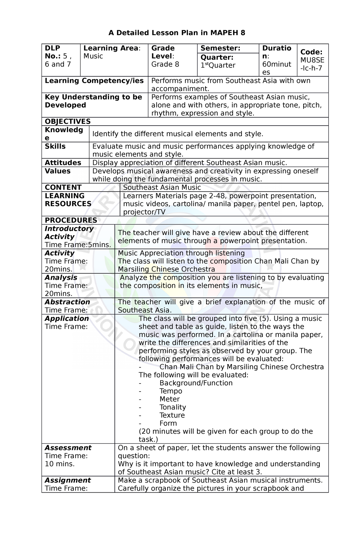 Music 8 Q1 56and7 Lesson Plan A Detailed Lesson Plan In Mapeh 8 Dlp No 5 6 And 7