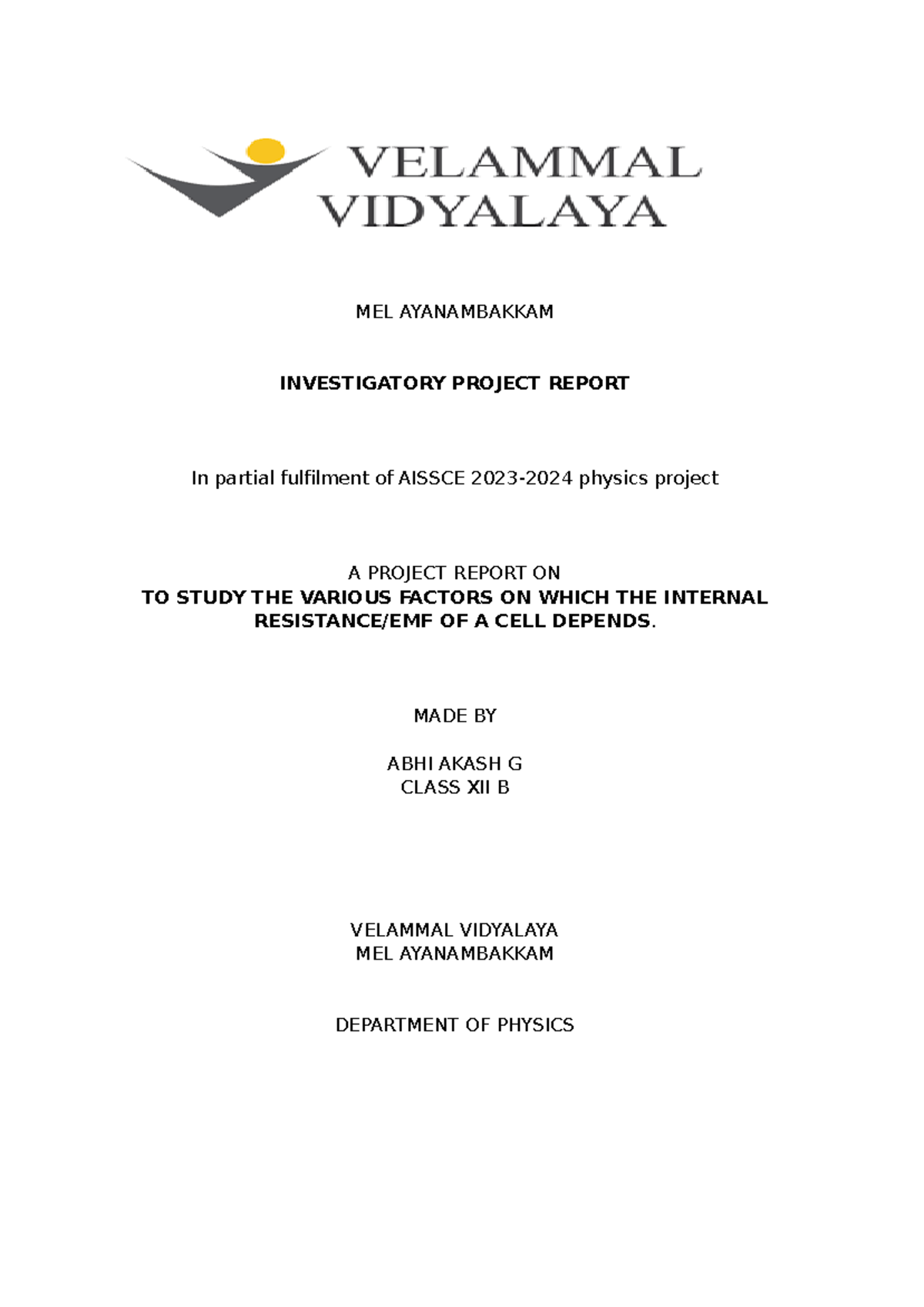 Final Draft - physics - MEL AYANAMBAKKAM INVESTIGATORY PROJECT REPORT ...