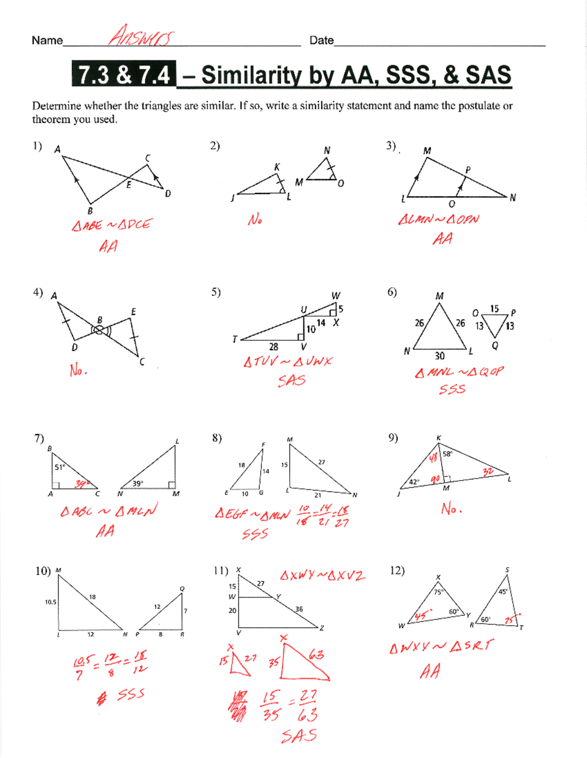 WS - 7.3 & 7.4 - Similarity by AA, SSS, & SAS - Answers - Studocu
