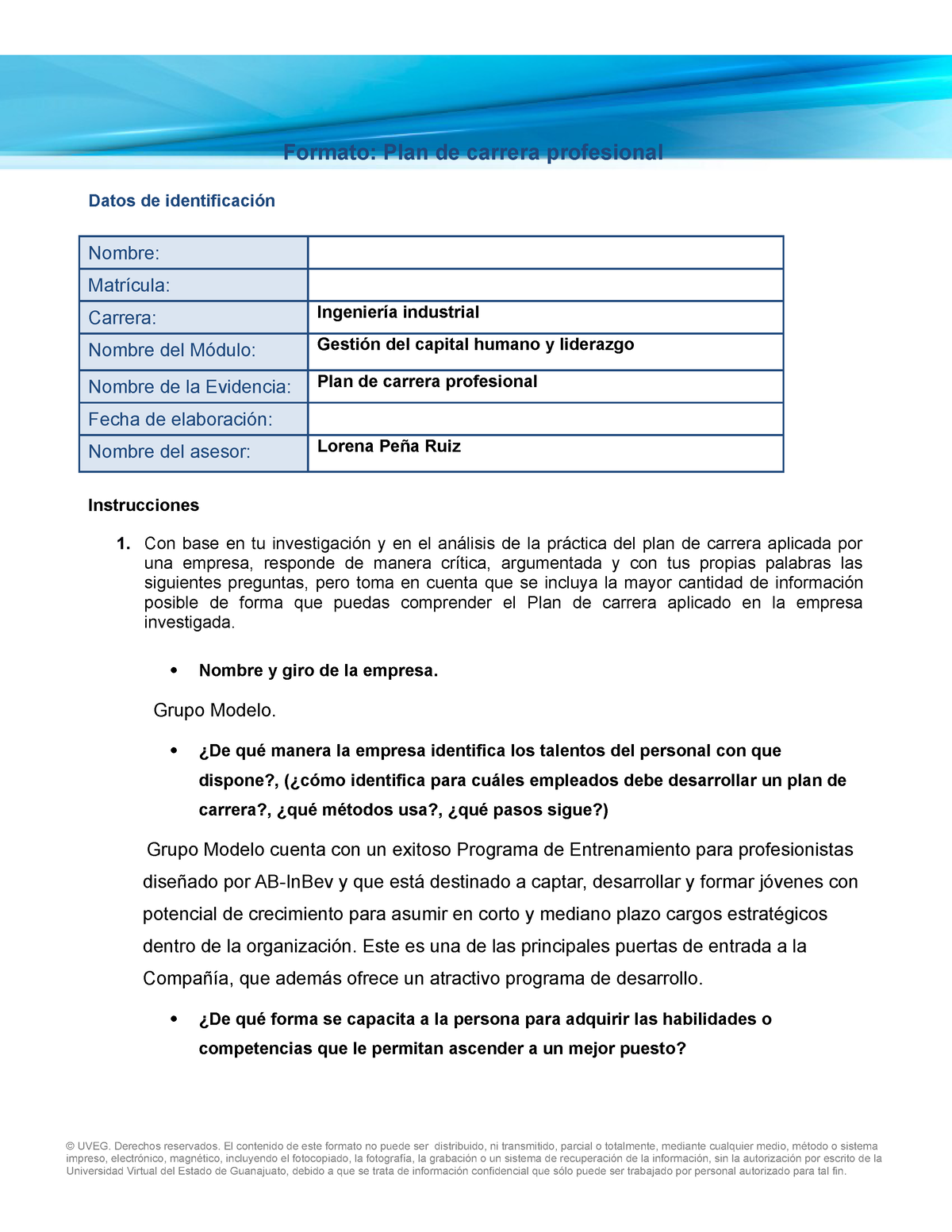 Plan de carrera profesional - Formato: Plan de carrera profesional Datos de  identificación Nombre: - Studocu