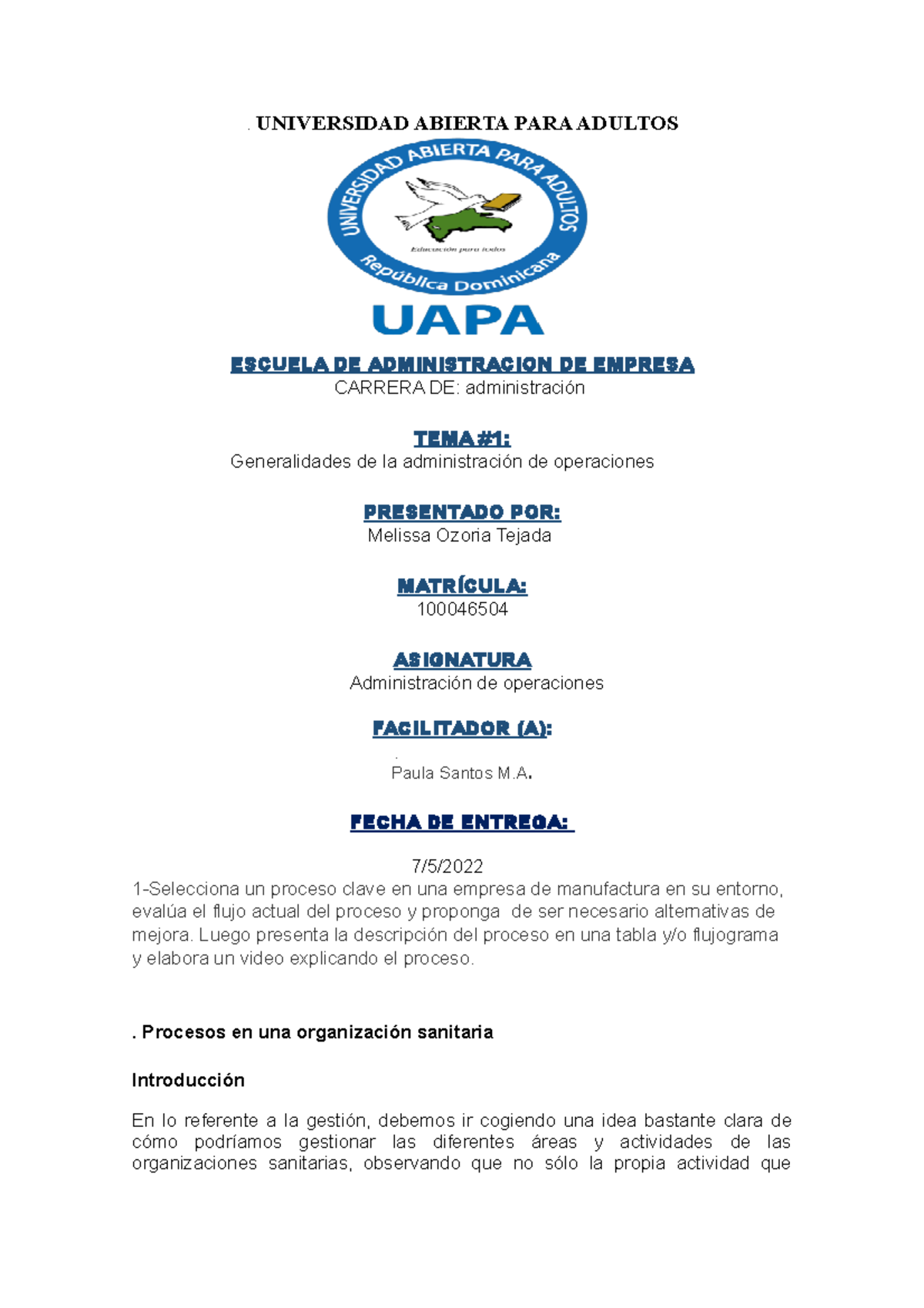 Tarea 3 Administracio De Operaciones - . UNIVERSIDAD ABIERTA PARA ...