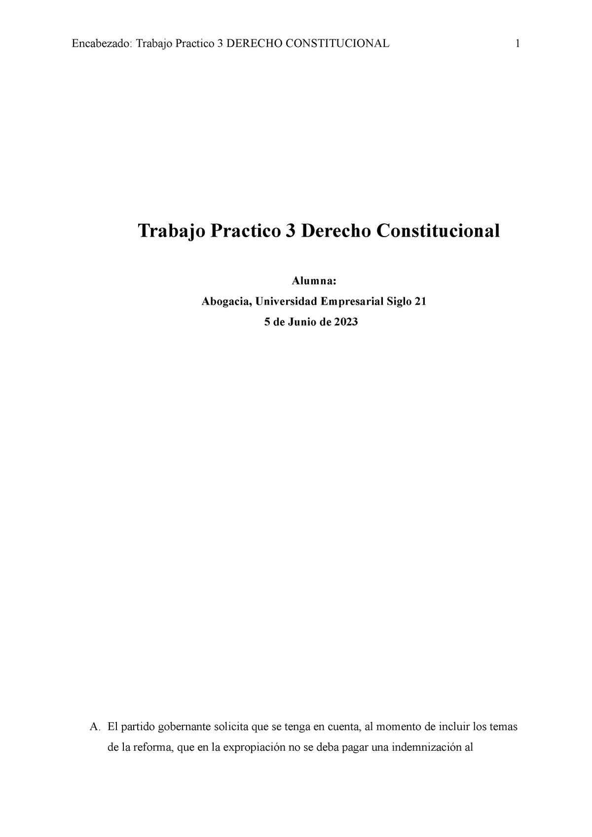 Trabajo Practico 3 Derecho Constitucional - Encabezado: Trabajo ...