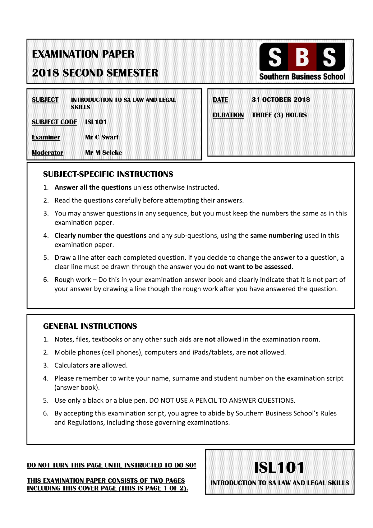 ISL101 2018 02 EXAM - study material for exams - GENERAL INSTRUCTIONS ...