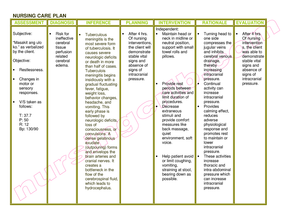 11934994 Nursing Crib com Nursing Care Plan TB Meningitis - NURSING ...