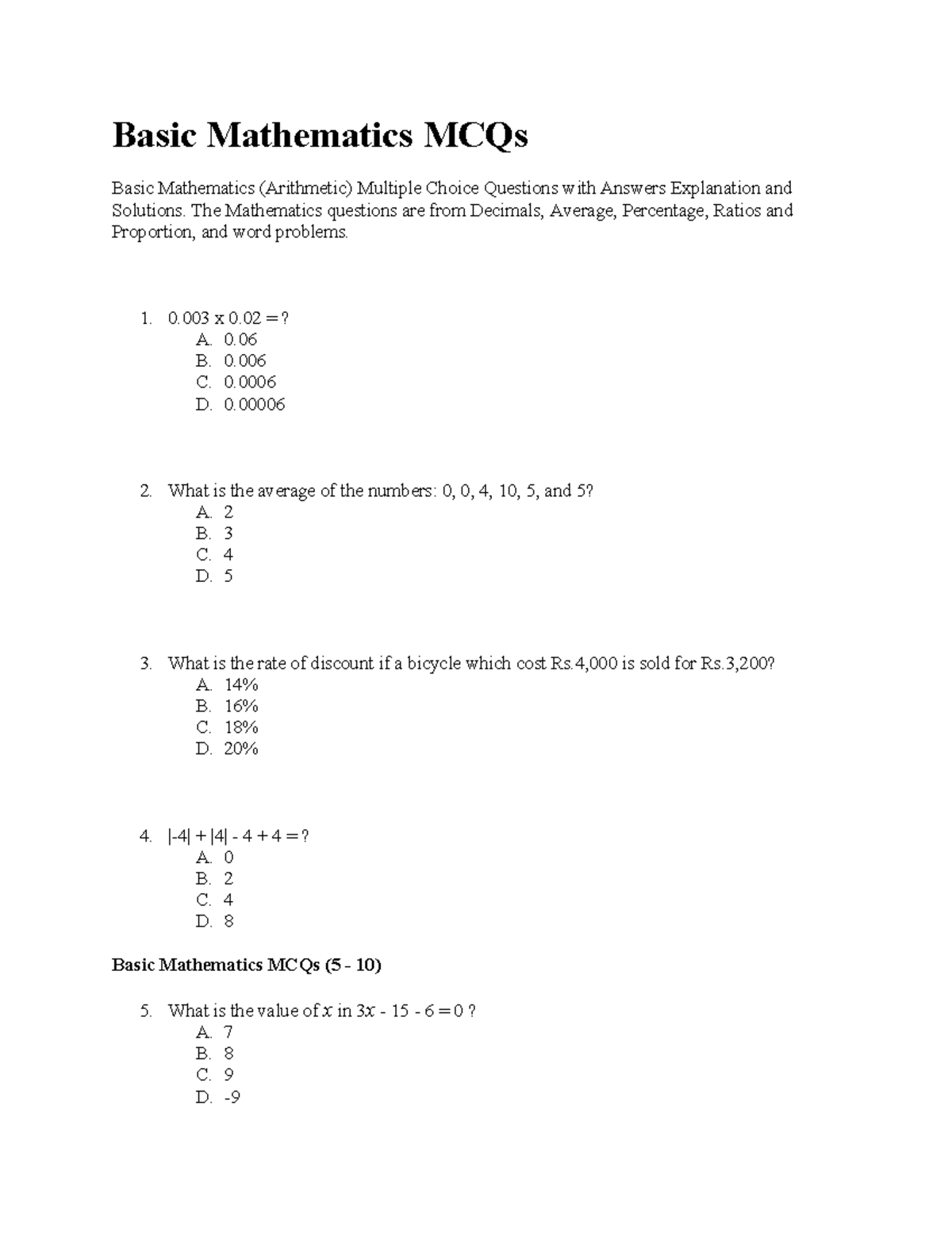 433583914 Basic Mathematics MCQs 1 - Basic Mathematics MCQs Basic ...