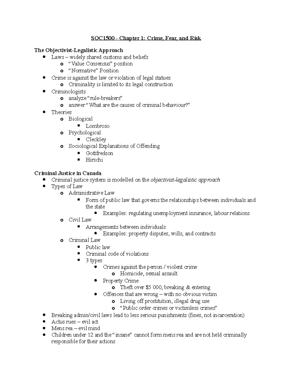 SOC1500 Chap1 Notes - SOC1500 - Chapter 1: Crime, Fear, and Risk The ...