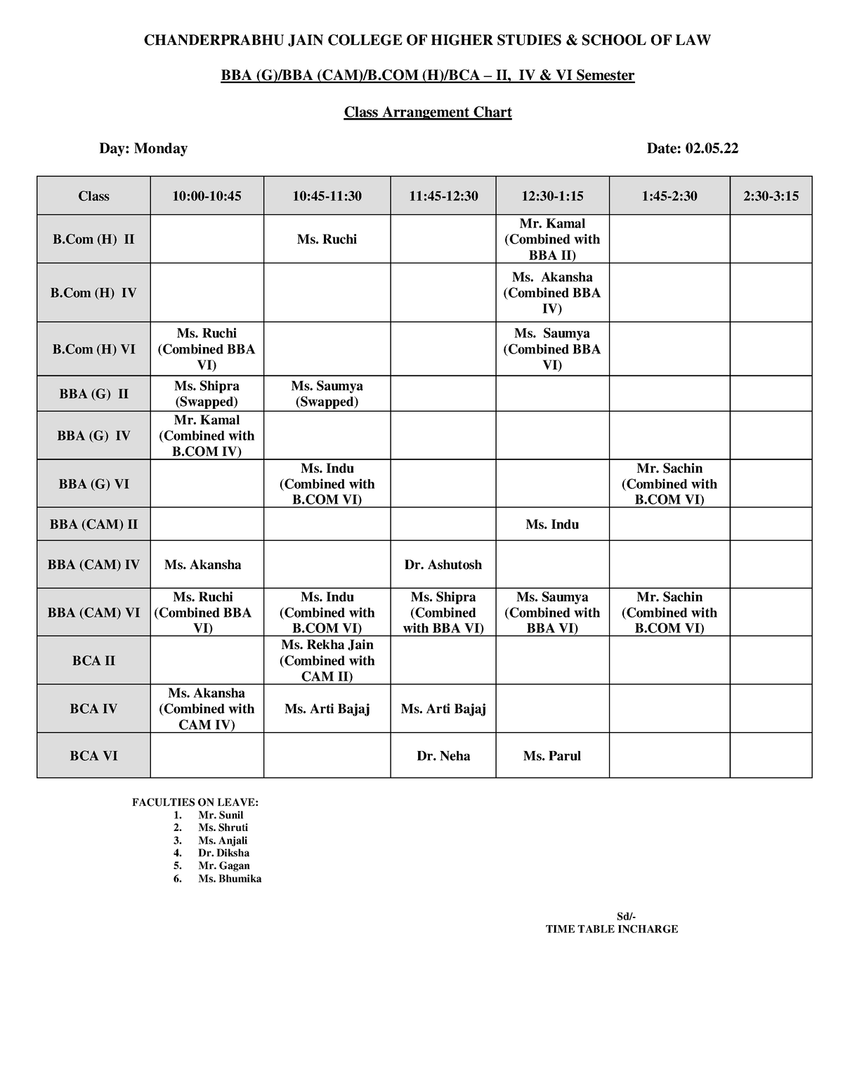 MCIT Arrangement Chart-3 - CHANDERPRABHU JAIN COLLEGE OF HIGHER STUDIES ...