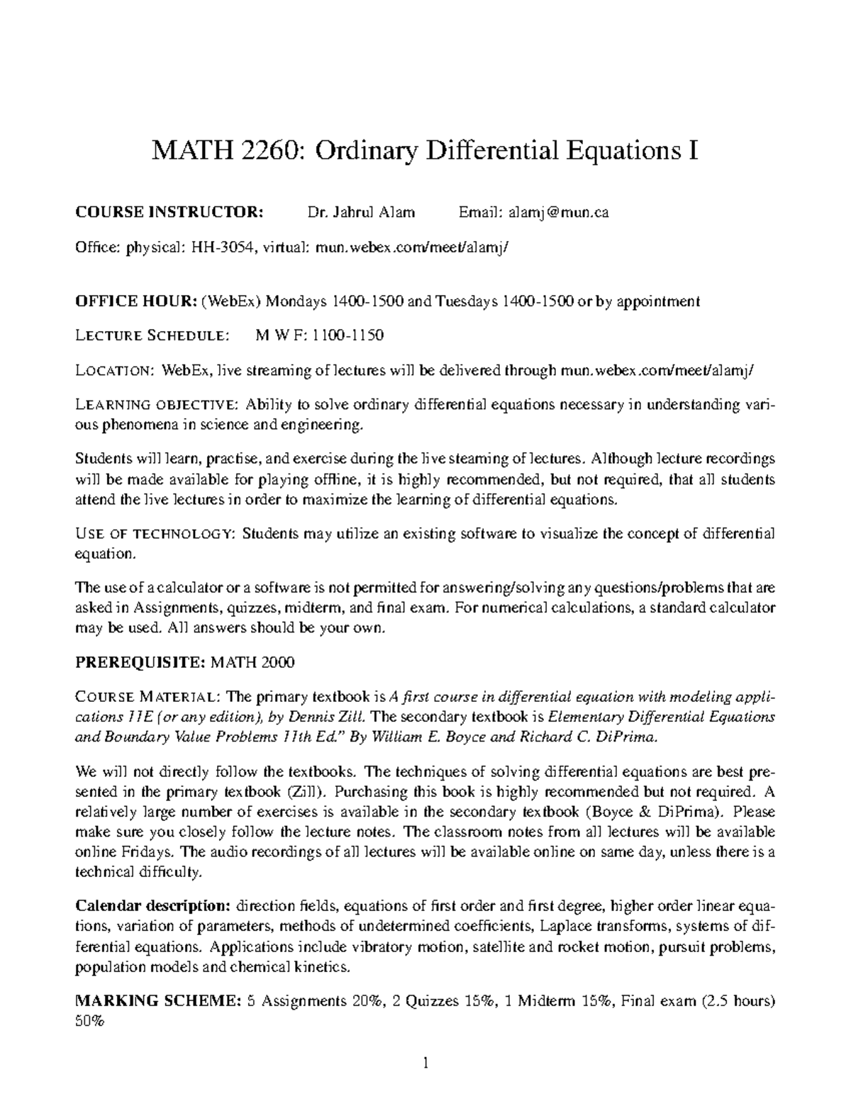 Math2260s2021 - outline - MATH 2260: Ordinary Differential Equations I ...