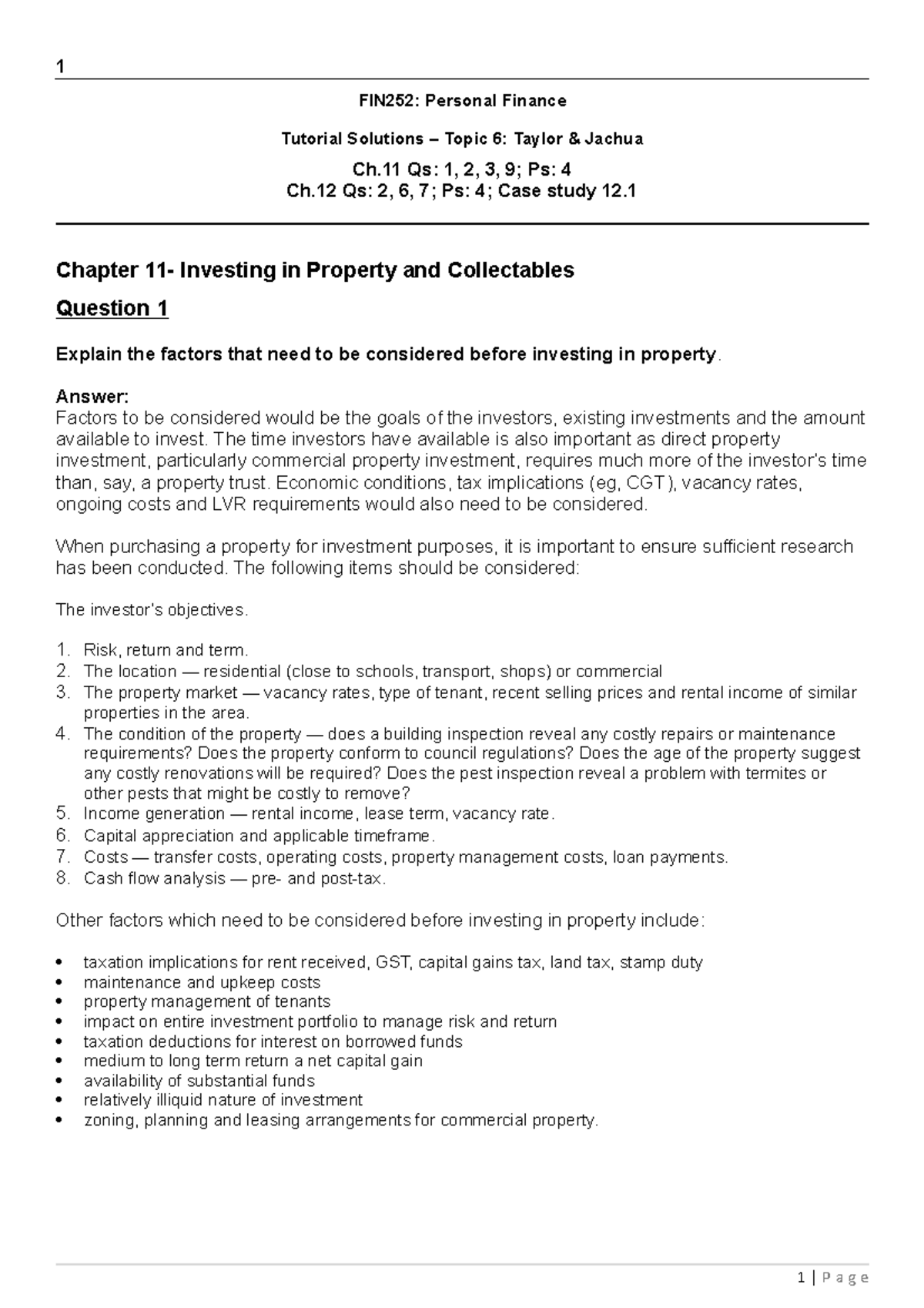 Topic 6 Ch11- Investing in Property and Collectables - 1 FIN252 ...