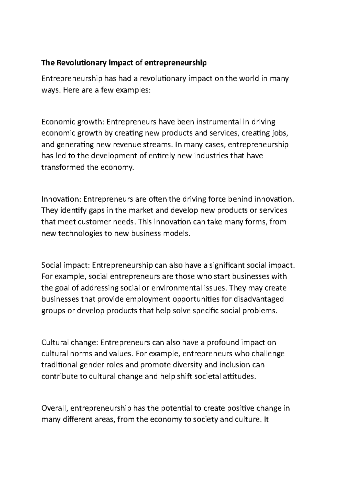 Entrepreneurship Notes - The Revolutionary impact of entrepreneurship ...