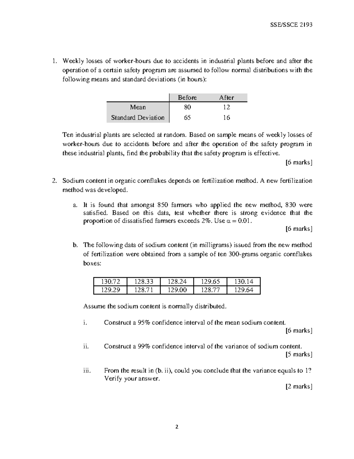 Exam 2013, questions - Weekly losses of worker-hours due to accidents ...