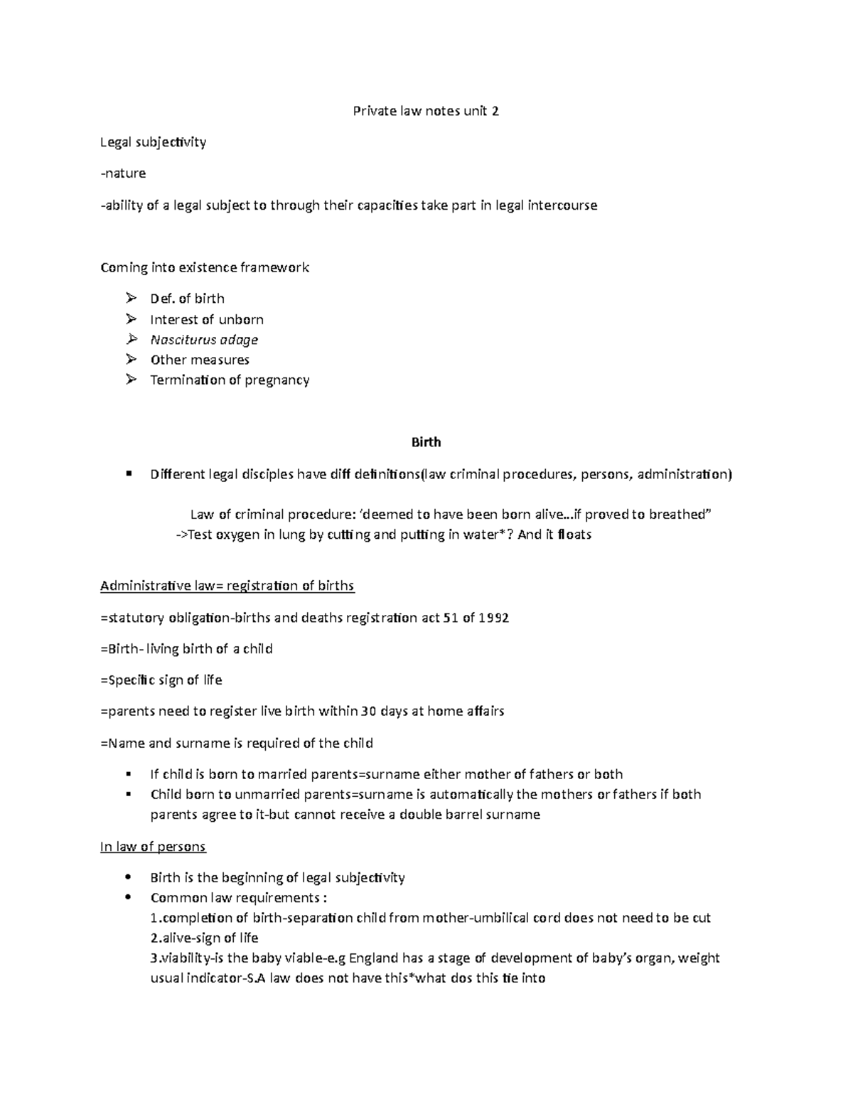 Private law notes unit 2 - of birth Interest of unborn Nasciturus adage ...