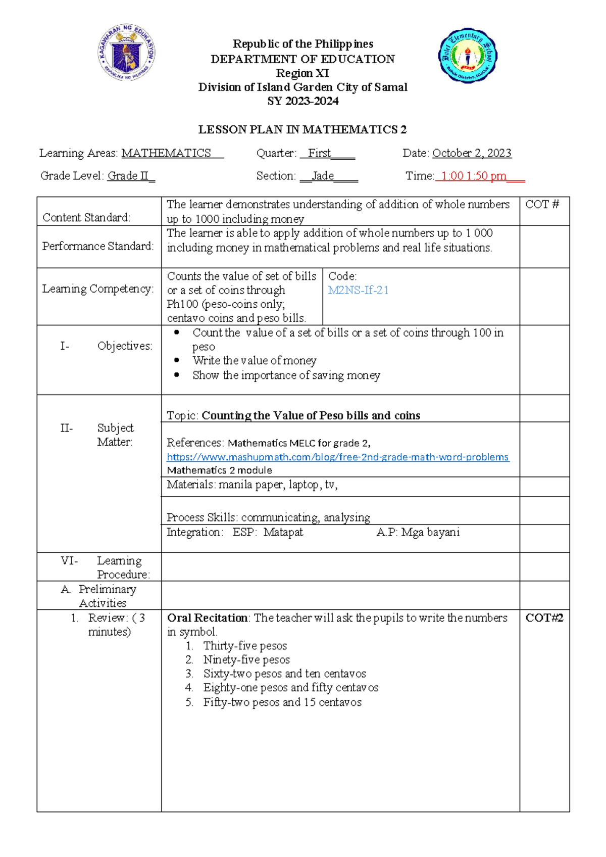 Cot math q1 2023-2024 - Republic of the Philippines DEPARTMENT OF ...