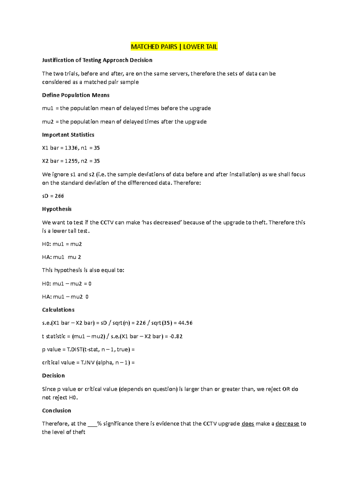 Hypothesis Testing Sample Template Answers MATCHED PAIRS LOWER TAIL