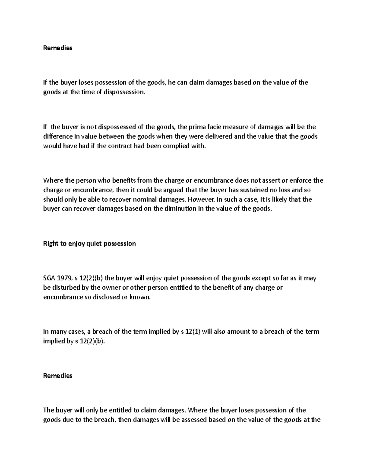 Right to enjoy quiet possession Remedies If the buyer loses