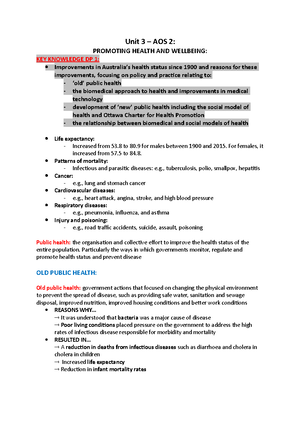 HHD Summary Notes - unit 3 aos 1 - HEALTH AOS 1 1 Concepts of health ...