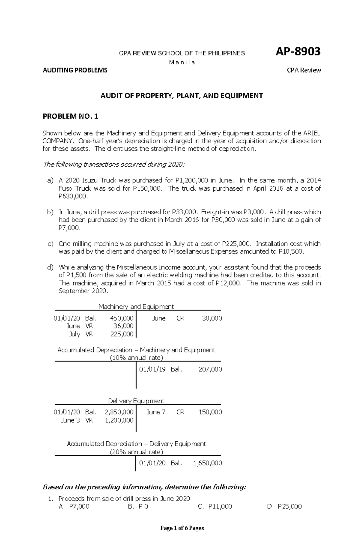 Ap-8903 Audit Of Ppe ( Problems 1-6) - Cpa Review School Of The 