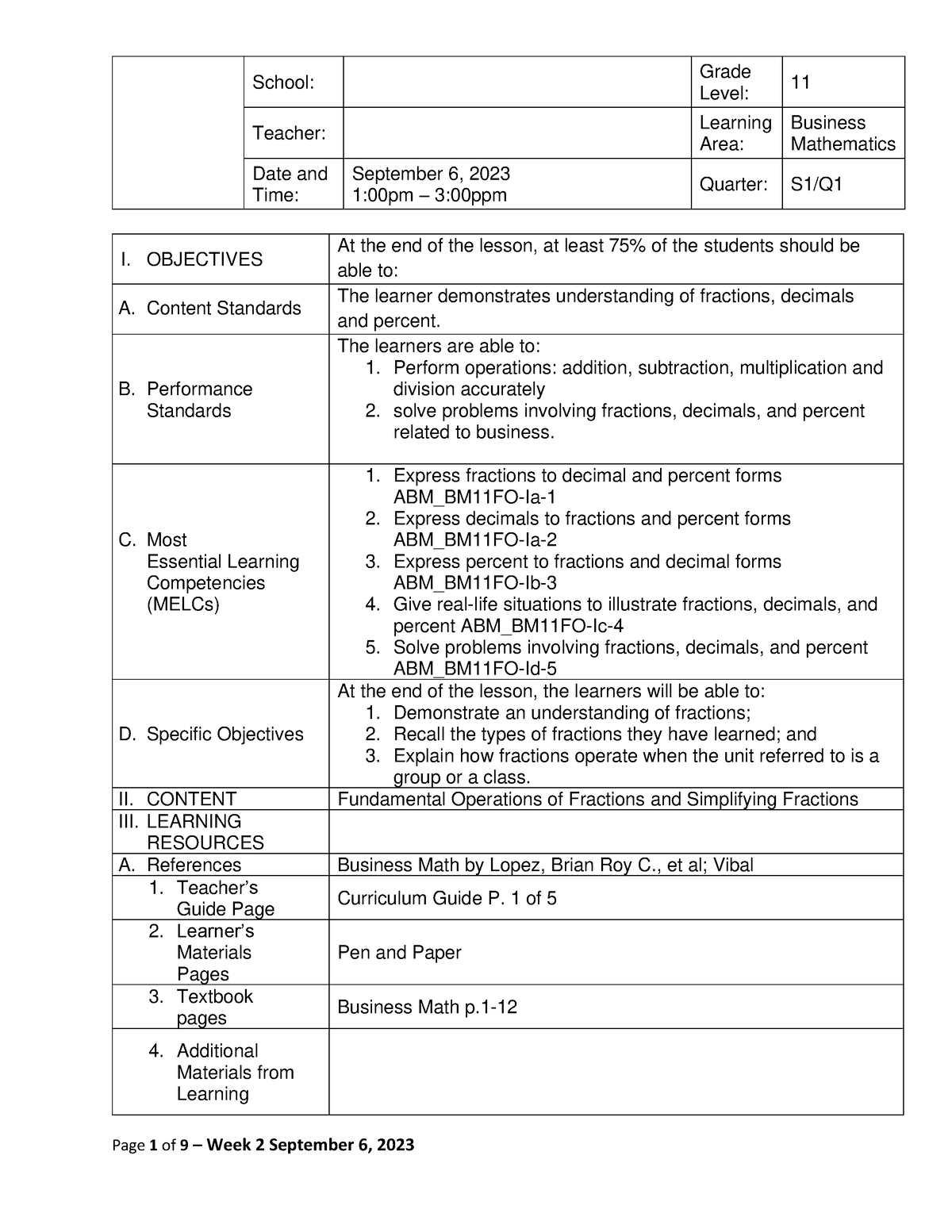 DLP Business Math Fractions - School: PARAÑAQUE SENIOR HIGH SCHOOL ...