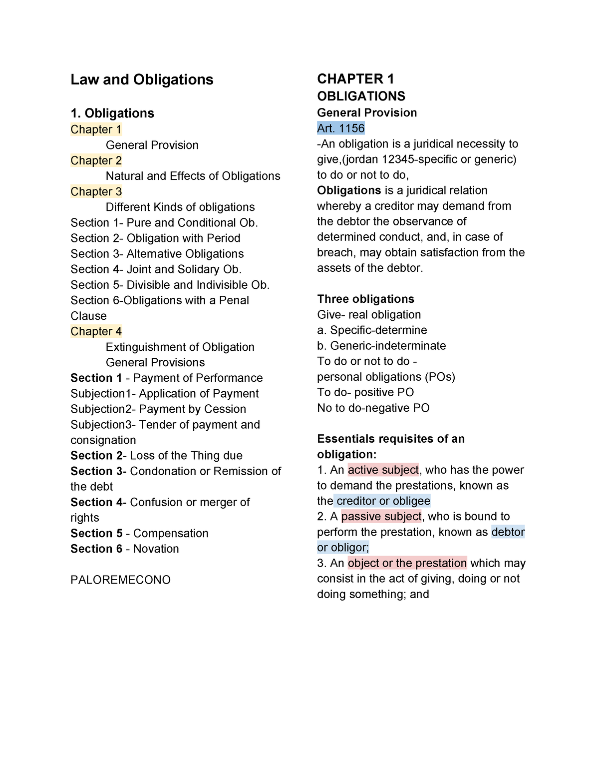 Oblicon - Short Notes - Law And Obligations 1. Obligations Chapter 1 ...