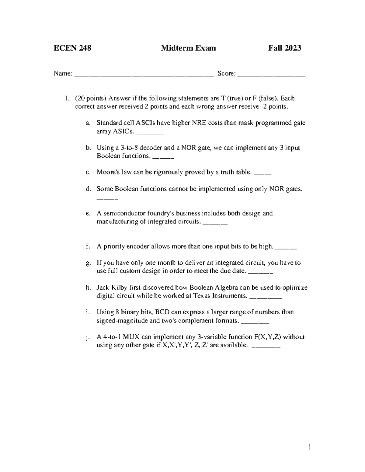 248fall23midterm 1 - ECEN 248 Midterm Exam Fall 2023 Name